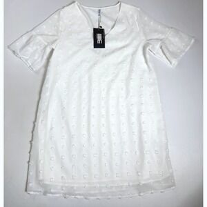 Weaczzy Sheer White Mini Dress with Pom Pom Details and Ruffle Sleeves - Medium‎